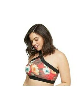 Cacique Swim Women's Plus 22 Tropical Floral Padded Bikini Top High Neck Adjusta
